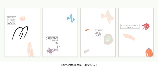 Set of artistic minimal universal card templates with abstract hand drawn doodles. Design for poster, card, invitation. Roughly drawn bright trendy textures. Minimal simple design.Vector isolated