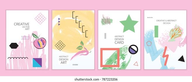 Set of artistic minimal universal card templates with abstract hand drawn doodles. Design for poster, card, invitation. Roughly drawn bright trendy textures. Minimal simple design.Vector isolated