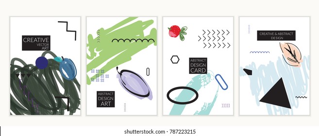 Set of artistic minimal universal card templates with abstract hand drawn doodles. Design for poster, card, invitation. Roughly drawn bright trendy textures. Minimal simple design.Vector isolated