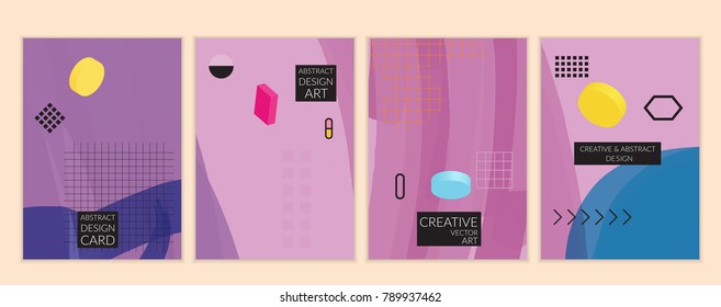 Set of artistic minimal universal card templates in Memphis style with abstract hand drawn doodles. Design for poster, card, invitation. Roughly drawn bright trendy textures. Vector isolated