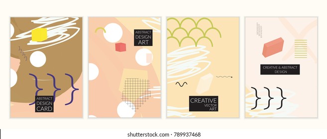Set of artistic minimal universal card templates in Memphis style with abstract hand drawn doodles. Design for poster, card, invitation. Roughly drawn bright trendy textures. Vector isolated