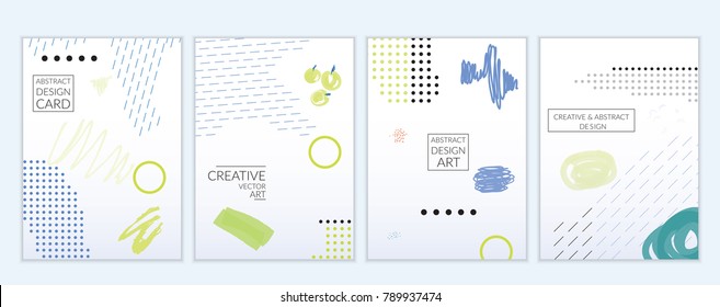 Set of artistic minimal universal card templates in Memphis style with abstract hand drawn doodles. Design for poster, card, invitation. Roughly drawn bright trendy textures. Vector isolated