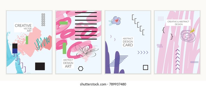 Set of artistic minimal universal card templates in Memphis style with abstract hand drawn doodles. Design for poster, card, invitation. Roughly drawn bright trendy textures. Vector isolated