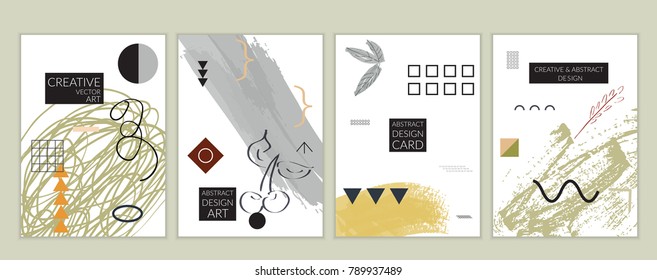 Set of artistic minimal universal card templates in Memphis style with abstract hand drawn doodles. Design for poster, card, invitation. Roughly drawn bright trendy textures. Vector isolated