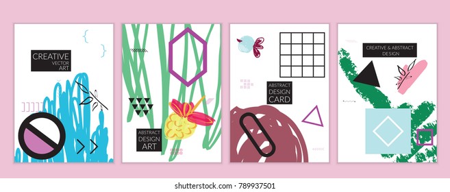 Set of artistic minimal universal card templates in Memphis style with abstract hand drawn doodles. Design for poster, card, invitation. Roughly drawn bright trendy textures. Vector isolated