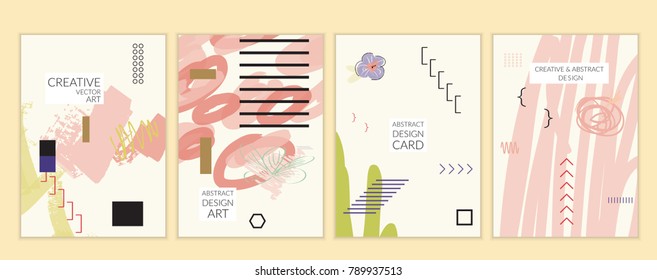 Set of artistic minimal universal card templates in Memphis style with abstract hand drawn doodles. Design for poster, card, invitation. Roughly drawn bright trendy textures. Vector isolated