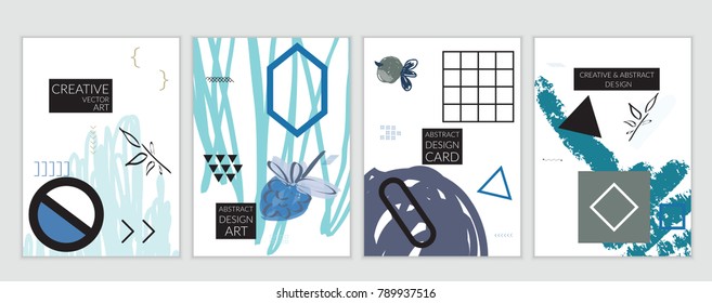 Set of artistic minimal universal card templates in Memphis style with abstract hand drawn doodles. Design for poster, card, invitation. Roughly drawn bright trendy textures. Vector isolated