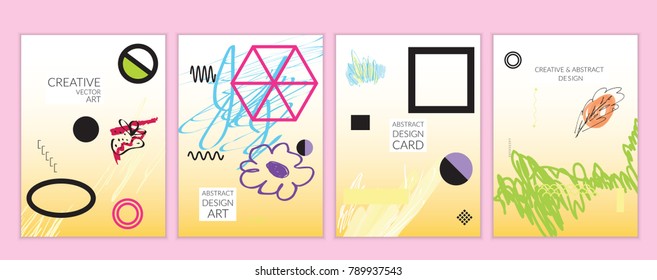 Set of artistic minimal universal card templates in Memphis style with abstract hand drawn doodles. Design for poster, card, invitation. Roughly drawn bright trendy textures. Vector isolated