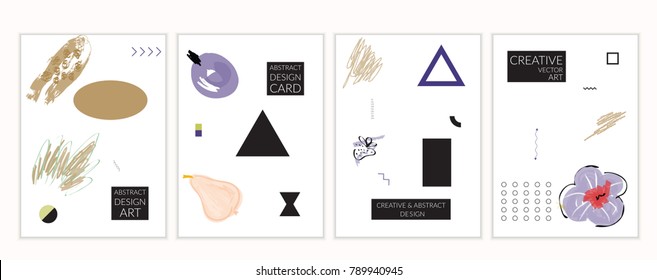 Set of artistic minimal universal card templates in Memphis style with abstract hand drawn doodles. Design for poster, card, invitation. Roughly drawn bright trendy textures. Vector isolated
