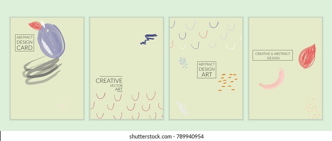 Set of artistic minimal universal card templates in Memphis style with abstract hand drawn doodles. Design for poster, card, invitation. Roughly drawn bright trendy textures. Vector isolated