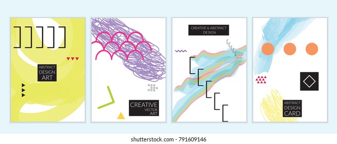 Set of artistic minimal universal card templates in Memphis style with abstract hand drawn doodles. Design for poster, card, invitation. Roughly drawn bright trendy textures. Vector isolated