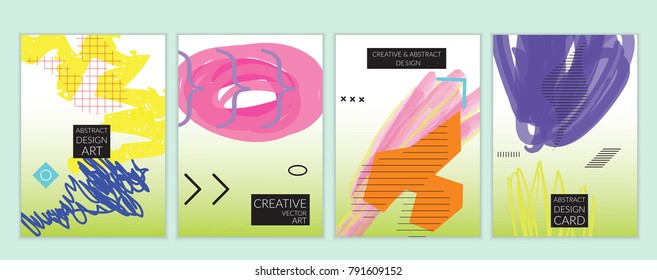 Set of artistic minimal universal card templates in Memphis style with abstract hand drawn doodles. Design for poster, card, invitation. Roughly drawn bright trendy textures. Vector isolated