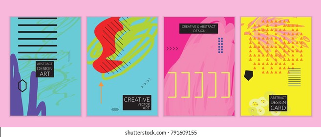Set of artistic minimal universal card templates in Memphis style with abstract hand drawn doodles. Design for poster, card, invitation. Roughly drawn bright trendy textures. Vector isolated