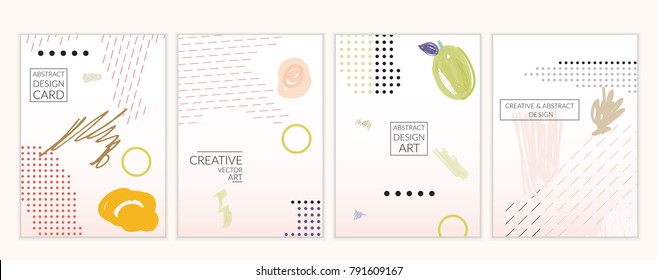 Set of artistic minimal universal card templates in Memphis style with abstract hand drawn doodles. Design for poster, card, invitation. Roughly drawn bright trendy textures. Vector isolated
