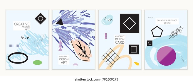 Set of artistic minimal universal card templates in Memphis style with abstract hand drawn doodles. Design for poster, card, invitation. Roughly drawn bright trendy textures. Vector isolated