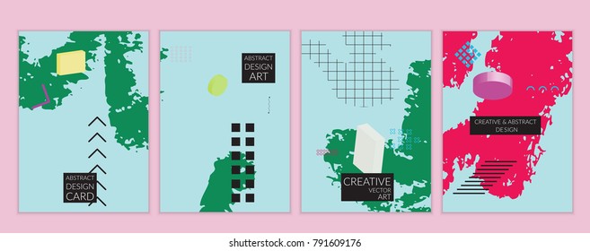 Set of artistic minimal universal card templates in Memphis style with abstract hand drawn doodles. Design for poster, card, invitation. Roughly drawn bright trendy textures. Vector isolated