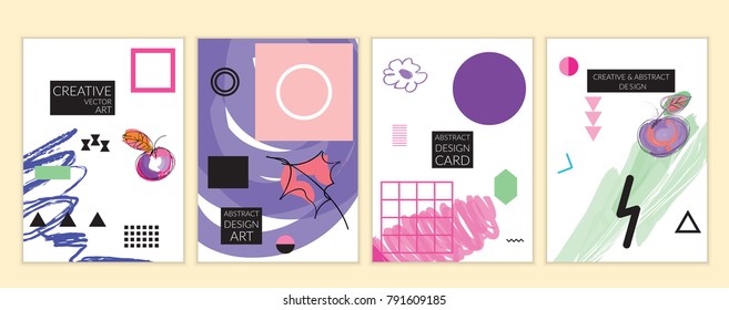 Set of artistic minimal universal card templates in Memphis style with abstract hand drawn doodles. Design for poster, card, invitation. Roughly drawn bright trendy textures. Vector isolated