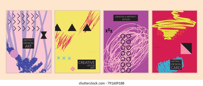 Set of artistic minimal universal card templates in Memphis style with abstract hand drawn doodles. Design for poster, card, invitation. Roughly drawn bright trendy textures. Vector isolated
