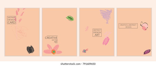 Set of artistic minimal universal card templates in Memphis style with abstract hand drawn doodles. Design for poster, card, invitation. Roughly drawn bright trendy textures. Vector isolated
