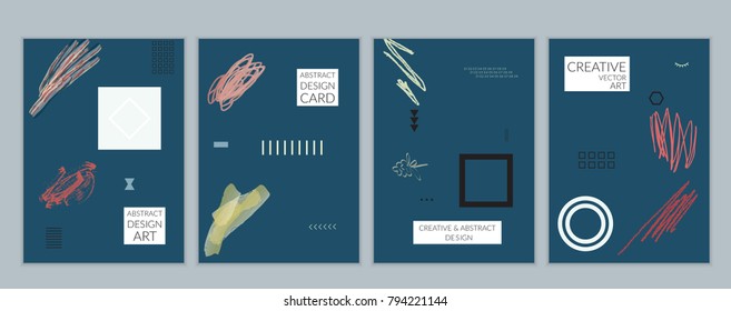 Set of artistic minimal universal card templates in Memphis style with abstract hand drawn doodles. Design for poster, card, invitation. Roughly drawn bright trendy textures. Vector isolated