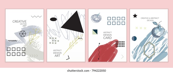 Set of artistic minimal universal card templates in Memphis style with abstract hand drawn doodles. Design for poster, card, invitation. Roughly drawn bright trendy textures. Vector isolated