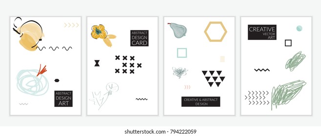 Set of artistic minimal universal card templates in Memphis style with abstract hand drawn doodles. Design for poster, card, invitation. Roughly drawn bright trendy textures. Vector isolated