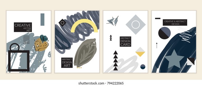 Set of artistic minimal universal card templates in Memphis style with abstract hand drawn doodles. Design for poster, card, invitation. Roughly drawn bright trendy textures. Vector isolated