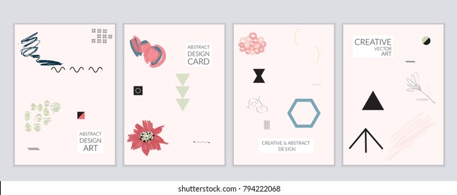 Set of artistic minimal universal card templates in Memphis style with abstract hand drawn doodles. Design for poster, card, invitation. Roughly drawn bright trendy textures. Vector isolated
