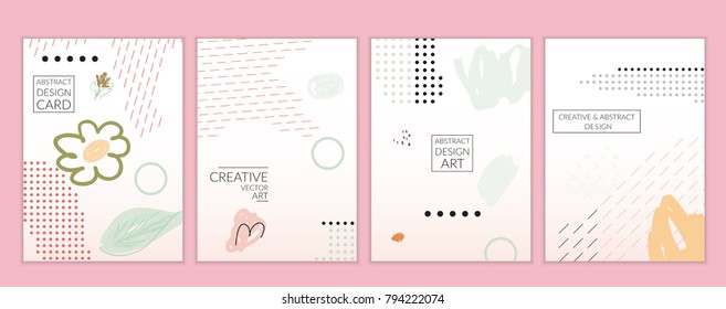 Set of artistic minimal universal card templates in Memphis style with abstract hand drawn doodles. Design for poster, card, invitation. Roughly drawn bright trendy textures. Vector isolated