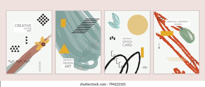 Set of artistic minimal universal card templates in Memphis style with abstract hand drawn doodles. Design for poster, card, invitation. Roughly drawn bright trendy textures. Vector isolated