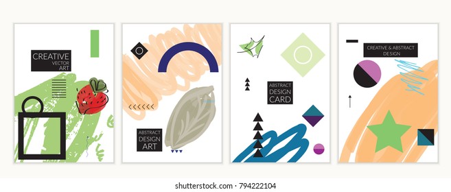 Set of artistic minimal universal card templates in Memphis style with abstract hand drawn doodles. Design for poster, card, invitation. Roughly drawn bright trendy textures. Vector isolated