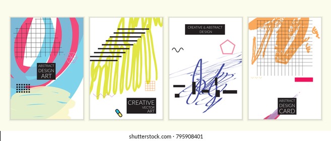 Set of artistic minimal universal card templates in Memphis style with abstract hand drawn doodles. Design for poster, card, invitation. Roughly drawn bright trendy textures. Vector isolated