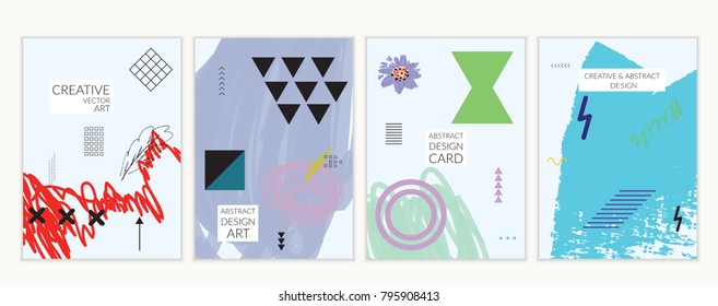 Set of artistic minimal universal card templates in Memphis style with abstract hand drawn doodles. Design for poster, card, invitation. Roughly drawn bright trendy textures. Vector isolated
