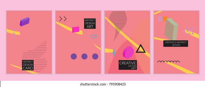 Set of artistic minimal universal card templates in Memphis style with abstract hand drawn doodles. Design for poster, card, invitation. Roughly drawn bright trendy textures. Vector isolated