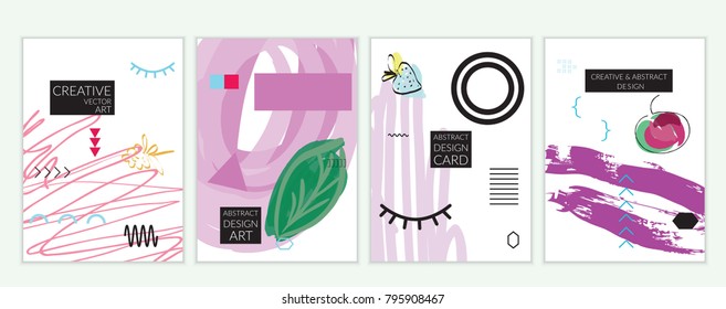 Set of artistic minimal universal card templates in Memphis style with abstract hand drawn doodles. Design for poster, card, invitation. Roughly drawn bright trendy textures. Vector isolated
