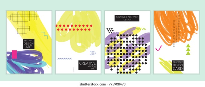 Set of artistic minimal universal card templates in Memphis style with abstract hand drawn doodles. Design for poster, card, invitation. Roughly drawn bright trendy textures. Vector isolated