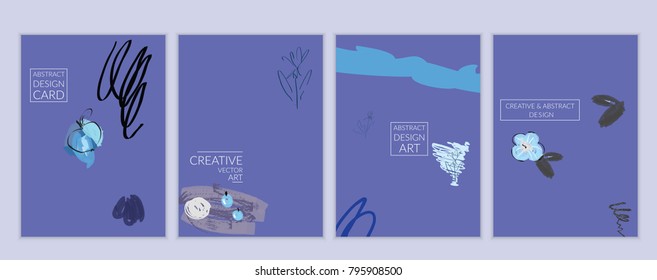 Set of artistic minimal universal card templates with abstract hand drawn doodles. Design for poster, card, invitation. Roughly drawn bright trendy textures. Minimal simple design.Vector isolated