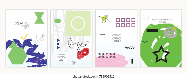 Set of artistic minimal universal card templates in Memphis style with abstract hand drawn doodles. Design for poster, card, invitation. Roughly drawn bright trendy textures. Vector isolated