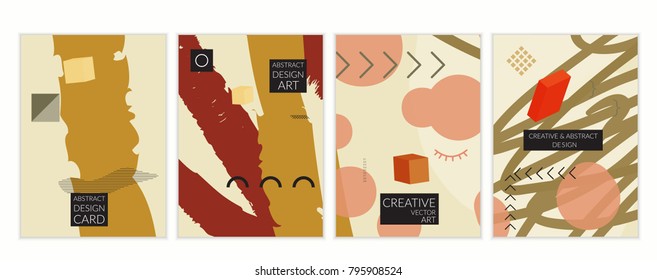 Set of artistic minimal universal card templates in Memphis style with abstract hand drawn doodles. Design for poster, card, invitation. Roughly drawn bright trendy textures. Vector isolated