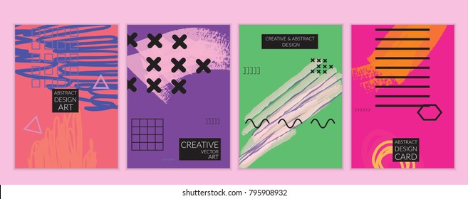 Set of artistic minimal universal card templates in Memphis style with abstract hand drawn doodles. Design for poster, card, invitation. Roughly drawn bright trendy textures. Vector isolated