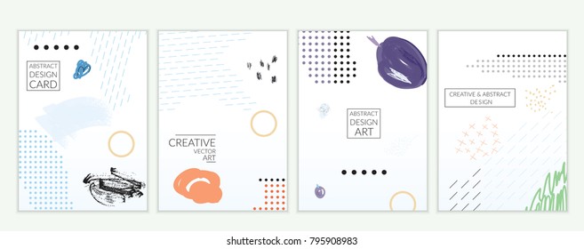 Set of artistic minimal universal card templates in Memphis style with abstract hand drawn doodles. Design for poster, card, invitation. Roughly drawn bright trendy textures. Vector isolated