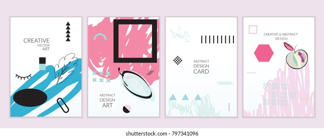 Set of artistic minimal universal card templates in Memphis style with abstract hand drawn doodles. Design for poster, card, invitation. Roughly drawn bright trendy textures. Vector isolated