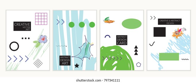Set of artistic minimal universal card templates in Memphis style with abstract hand drawn doodles. Design for poster, card, invitation. Roughly drawn bright trendy textures. Vector isolated
