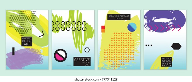 Set of artistic minimal universal card templates in Memphis style with abstract hand drawn doodles. Design for poster, card, invitation. Roughly drawn bright trendy textures. Vector isolated