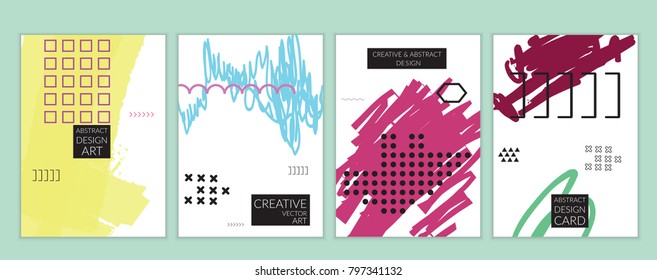 Set of artistic minimal universal card templates in Memphis style with abstract hand drawn doodles. Design for poster, card, invitation. Roughly drawn bright trendy textures. Vector isolated