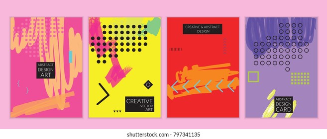 Set of artistic minimal universal card templates in Memphis style with abstract hand drawn doodles. Design for poster, card, invitation. Roughly drawn bright trendy textures. Vector isolated