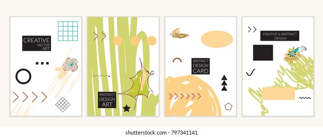 Set of artistic minimal universal card templates in Memphis style with abstract hand drawn doodles. Design for poster, card, invitation. Roughly drawn bright trendy textures. Vector isolated