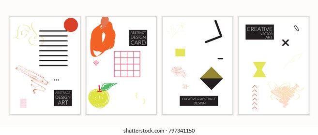 Set of artistic minimal universal card templates in Memphis style with abstract hand drawn doodles. Design for poster, card, invitation. Roughly drawn bright trendy textures. Vector isolated