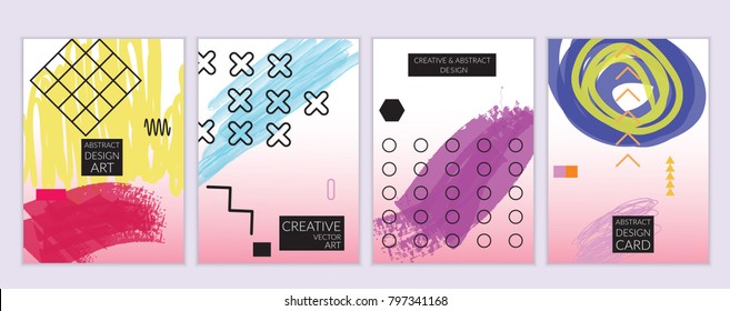 Set of artistic minimal universal card templates in Memphis style with abstract hand drawn doodles. Design for poster, card, invitation. Roughly drawn bright trendy textures. Vector isolated
