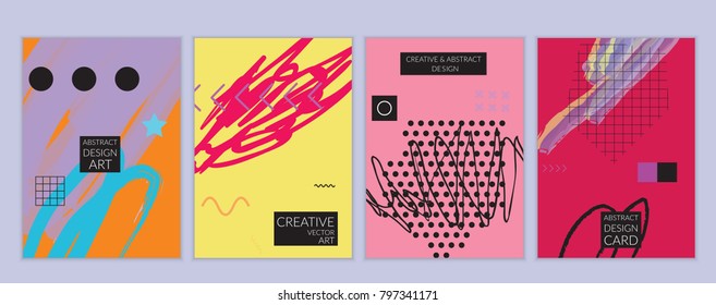 Set of artistic minimal universal card templates in Memphis style with abstract hand drawn doodles. Design for poster, card, invitation. Roughly drawn bright trendy textures. Vector isolated